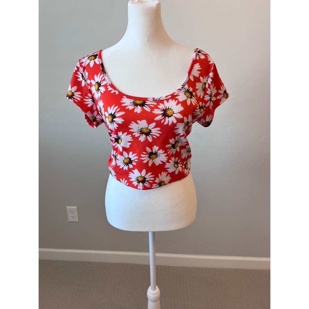 Diva Apparel‎ Floral Crop Top Tie Back Short Sleeve Orange Daisy Print